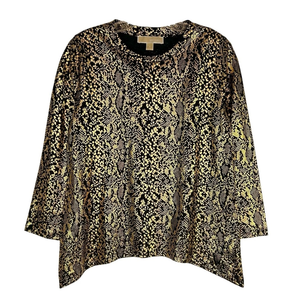 MICHAEL KORS Gold Foil Snakeskin Print Sharkbite Hem Long Sleeve Top Size Small